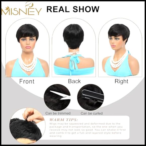Short Pixie Cut Wig Human Hair Glueless Layered Lace Front with Bangs